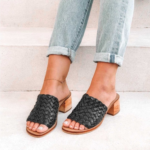 Coastal Summer Black Woven Slide Wooden Block Heel Leather Mules Liberté - Picture 3 of 14